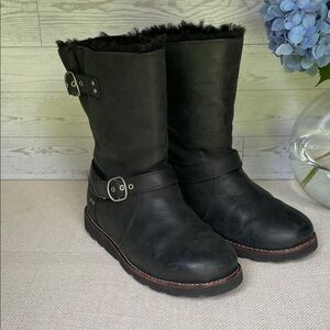 UGG Black Noria Leather Boots with Sheepskin Lining and Buckle Details